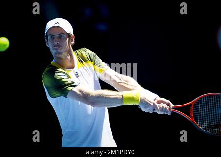 20130115 - MELBOURNE, AUSTRALIA: Andy Murray britannico in azione durante la partita tra l'olandese Robin Haase e Andy Murray britannico, nel primo round del torneo maschile al Grand Slam 'Australian Open', martedì 15 gennaio 2013 al Melbourne Park, Melbourne, Australia. Murray ha vinto 6-3, 6-1, 6-3. FOTO DI BELGA PATRICK HAMILTON Foto Stock