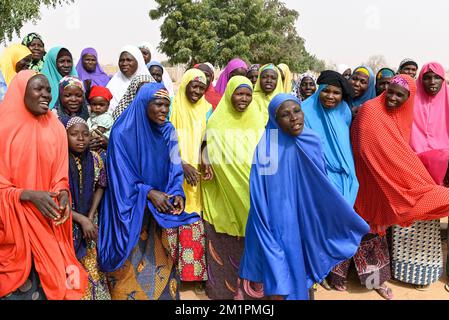 NIGER, Maradi, villaggio Dan Bako, donne musulmane che cantano per i visitatori benvenuti al loro progetto di giardino comunitario /muslimische Frauen singen fuer einen Besucherempfang Foto Stock