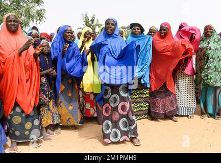 NIGER, Maradi, villaggio Dan Bako, donne musulmane che cantano per i visitatori benvenuti al loro progetto di giardino comunitario /muslimische Frauen singen fuer einen Besucherempfang Foto Stock