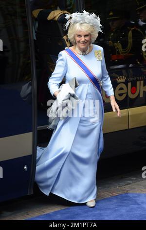 La duchessa britannica di Cornovaglia, Camilla arriva per l'investitura del principe Willem Alexander come re, martedì 30 aprile 2013, ad Amsterdam, nei Paesi Bassi. La regina olandese Beatrix, che governò i Paesi Bassi per 33 anni, annunciò il 28 gennaio 2013 la sua abdicazione dal trono a favore del figlio, il principe Willem-Alexander. Foto Stock