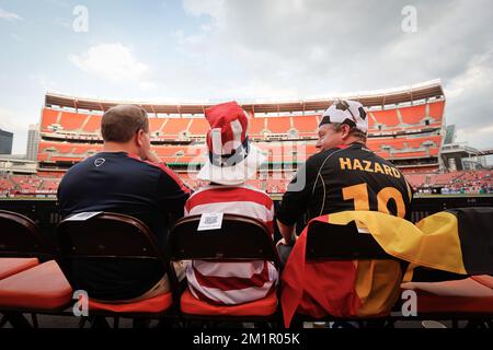 I tifosi belgi si sono raffigurati prima di una partita amichevole della nazionale belga contro gli Stati Uniti nel FirstEnergyStadium di Cleveland, Stati Uniti, mercoledì 29 maggio 2013. I Red Devils si preparano per il loro gioco di qualificazione per la Coppa del mondo FIFA 2014 contro la Serbia il 7 giugno. Foto Stock