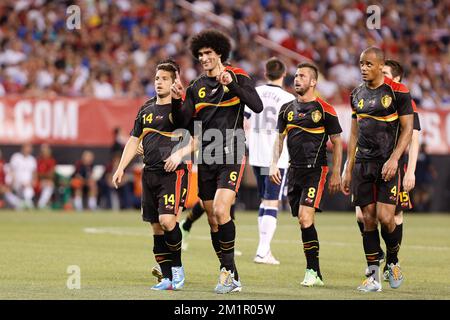 I giocatori belgi festeggiano nel corso di una partita amichevole della nazionale belga contro gli Stati Uniti nel FirstEnergyStadium di Cleveland, Stati Uniti, mercoledì 29 maggio 2013. I Red Devils si preparano per il loro gioco di qualificazione per la Coppa del mondo FIFA 2014 contro la Serbia il 7 giugno. Foto Stock