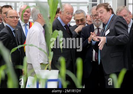 VIB Direttore del Dipartimento del sistema biologico delle piante Dirk Inze e Re Alberto II del Belgio, raffigurati nel corso di una visita al Vlaams Instituut voor Biotechnologie (VIB) (Istituto fiammingo per la Bio-tecnologia) di Zwijnaarde, nel parco tecnologico, mercoledì 12 giugno 2013. Foto Stock