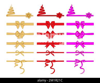 Set di archi a nastro rosso, viola, oro regalo Illustrazione Vettoriale