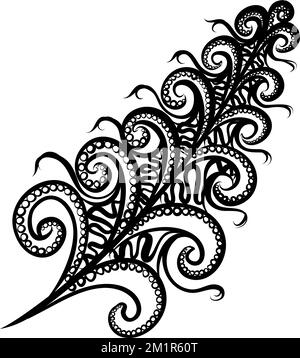 Bel disegno a mano schizzo di piuma in stile Zentangle Monochrome decorazione piuma. Motivi floreali, indiano, turco elemento di design su bianco Backgr Illustrazione Vettoriale