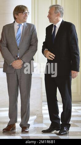 L'ex primo Ministro del Belgio Guy Verhofstadt e l'ex primo Ministro belga Yves Leterme hanno raffigurato durante un'accoglienza presso il castello reale di Laeken - Laken, Bruxelles per i primi Ministri durante il regno del re Alberto II del Belgio, mercoledì 10 luglio 2013. Foto Stock