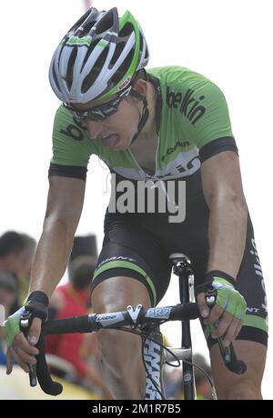 Il Bauke Mollema dell'Netherland del Belkin Pro Cycling Team in azione durante la quindicesima tappa dell'edizione 100th del Tour de France, 242km da Givors al Mont Ventoux, Francia, domenica 14 luglio 2013. Foto Stock