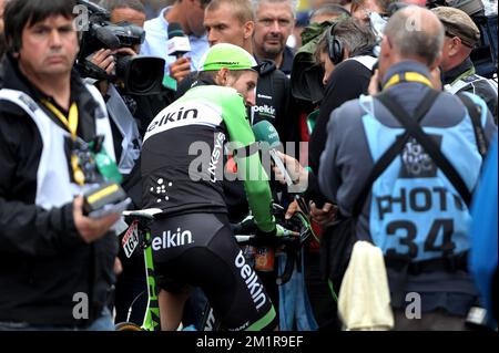 Il Bauke Mollema dell'Netherland del Belkin Pro Cycling Team ha illustrato dopo la 18th tappa dell'edizione 100th del Tour de France, a 168 km da Gap ad Alpe d'Huez, Francia, giovedì 18 luglio 2013. Foto Stock