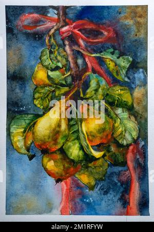 Illustrazione di pera di frutta sul ramo disegnata a mano foglie di acquerello pittura nastro rosso bella composizione autunno giallo Foto Stock