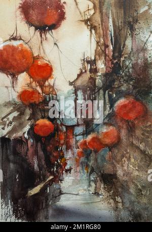 Acquerello dipinto tradizionale città vecchia cinese, caffè e lanterne rosse arhitecture FESTIVAL strada in Cina retro Art Capodanno celebrazione Foto Stock