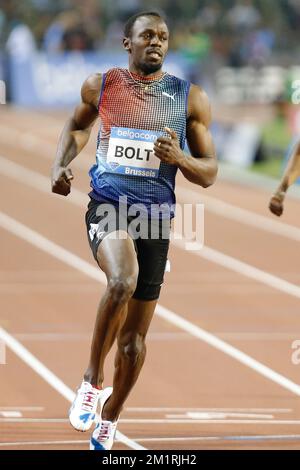 L'Usain Bolt della Giamaica festeggia mentre attraversa il traguardo per vincere l'evento Men 100m al Memorial Van Damme Athletics Meeting, ultima tappa della IAAF Diamond League, allo stadio King Baudouin (Boudewijnstadion/Stade Roi Baudouin) di Bruxelles, venerdì 06 settembre 2013. FOTO DI BELGA BRUNO FAHY Foto Stock