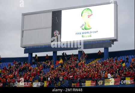 20131011 - ZAGABRIA, CROAZIA: L'immagine mostra il logo della Coppa del mondo FIFA sopra i tifosi belgi durante una partita di calcio tra la nazionale belga Red Devils e la nazionale croata nello stadio Maksimir di Zagabria, Croazia, venerdì 11 ottobre 2013, una partita di qualificazione per la Coppa del mondo FIFA 2014. Con due giochi per giocare i Red Devils sono leader del gruppo A, hanno bisogno di un altro punto per qualificarsi per la Coppa del mondo come vincitore di gruppo. FOTO DI BELGA DIRK WAEM Foto Stock