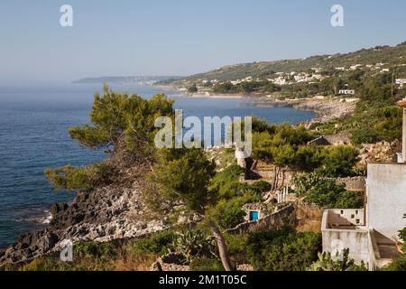 Vista verso sud lungo la costa rocciosa del mare Adriatico, Marina di Marittima, Castro, Provincia di Lecce, Puglia, Italia, Europa Foto Stock