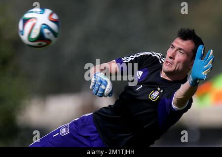 20140110 - ABU DHABI, EMIRATI ARABI UNITI: Silvio Proto, portiere di Anderlecht, ha illustrato durante una sessione di allenamento del quinto giorno del campo invernale della squadra belga di calcio di prima divisione RSCA Anderlecht ad Abu Dhabi, Emirati Arabi Uniti (Emirati Arabi Uniti), venerdì 10 gennaio 2014. BELGA PHOTO VIRGINIE LEFOUR Foto Stock