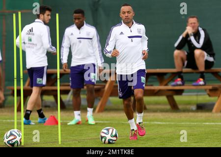 20140111 - ABU DHABI, EMIRATI ARABI UNITI: Demy De Zeeuw di Anderlecht raffigurato durante una sessione di allenamento del sesto giorno del campo invernale della squadra di calcio belga di prima divisione RSCA Anderlecht ad Abu Dhabi, Emirati Arabi Uniti (Emirati Arabi Uniti), sabato 11 gennaio 2014. BELGA PHOTO VIRGINIE LEFOUR Foto Stock