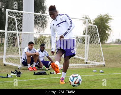 20140111 - ABU DHABI, EMIRATI ARABI UNITI: Aaron Leya Iseka di Anderlecht raffigurato durante una sessione di allenamento del sesto giorno del campo invernale della squadra di calcio belga di prima divisione RSCA Anderlecht ad Abu Dhabi, Emirati Arabi Uniti (Emirati Arabi Uniti), sabato 11 gennaio 2014. BELGA PHOTO VIRGINIE LEFOUR Foto Stock