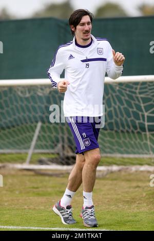 20140111 - ABU DHABI, EMIRATI ARABI UNITI: Sacha Kljestan di Anderlecht raffigurato durante una sessione di allenamento del sesto giorno del campo invernale della squadra di calcio belga di prima divisione RSCA Anderlecht ad Abu Dhabi, Emirati Arabi Uniti (Emirati Arabi Uniti), sabato 11 gennaio 2014. BELGA PHOTO VIRGINIE LEFOUR Foto Stock