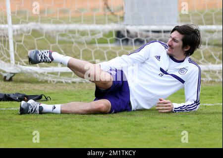20140111 - ABU DHABI, EMIRATI ARABI UNITI: Sacha Kljestan di Anderlecht raffigurato durante una sessione di allenamento del sesto giorno del campo invernale della squadra di calcio belga di prima divisione RSCA Anderlecht ad Abu Dhabi, Emirati Arabi Uniti (Emirati Arabi Uniti), sabato 11 gennaio 2014. BELGA PHOTO VIRGINIE LEFOUR Foto Stock