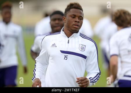 20140111 - ABU DHABI, EMIRATI ARABI UNITI: Zoro Cyriac Gohi Bi di Anderlecht raffigurato durante una sessione di allenamento del sesto giorno del campo invernale della squadra di calcio belga di prima divisione RSCA Anderlecht ad Abu Dhabi, Emirati Arabi Uniti (Emirati Arabi Uniti), sabato 11 gennaio 2014. BELGA PHOTO VIRGINIE LEFOUR Foto Stock