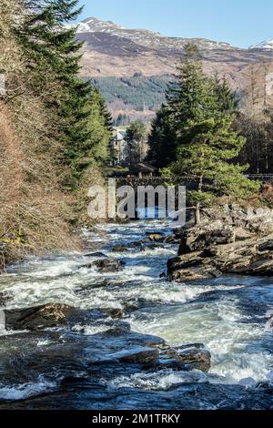 Ritratto: Cascate di Dochart guardando a valle verso il ponte che mostra acqua bianca, rocce, il ponte, pini e montoni sullo sfondo. Foto Stock