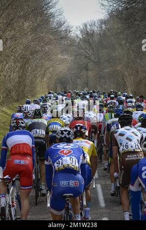 20140311 - MAGNY-COURS, FRANCIA: L'illustrazione mostra il pacco di ciclisti durante la terza tappa della 72nd edizione della gara ciclistica Parigi-Nizza, 180km da Toucy al circuito de Nevers Magny-Cours, martedì 11 marzo 2014. Foto Stock