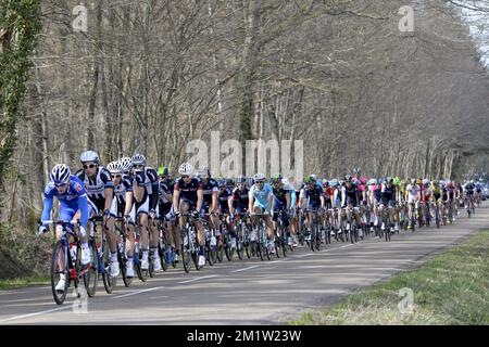 20140311 - MAGNY-COURS, FRANCIA: L'illustrazione mostra il pacco di ciclisti durante la terza tappa della 72nd edizione della gara ciclistica Parigi-Nizza, 180km da Toucy al circuito de Nevers Magny-Cours, martedì 11 marzo 2014. Foto Stock