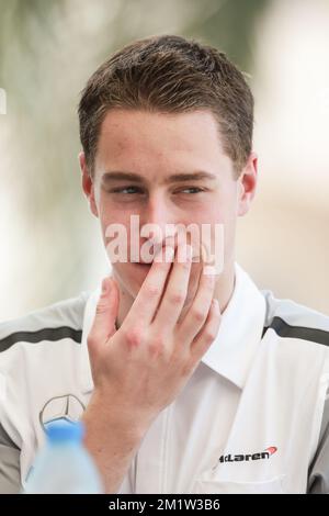 Il belga Stoffel Vandoorne ha illustrato nella prima giornata delle sessioni di test di Formula 1 di martedì 08 aprile 2014 a Sakhir, Bahrain. Il driver belga Stoffel Vandoorne si è supposto di testare per la McLaren domani, ma il danese Kevin Magnussen guiderà invece. Foto Stock