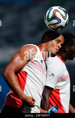 Vincent Kompany, in Belgio, ha illustrato durante una sessione di allenamento della nazionale belga di calcio Red Devils a Belo Horizonte, in Brasile, durante la Coppa del mondo FIFA 2014, lunedì 16 giugno 2014. Foto Stock