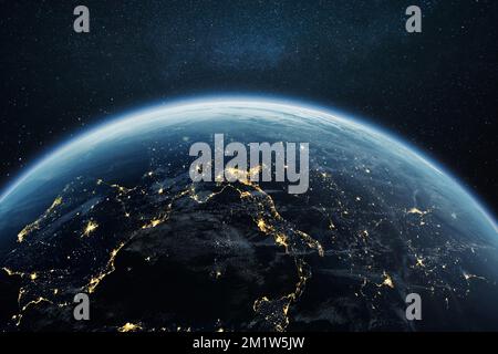 Incredibile pianeta Terra con luci notturne di città e megacità con spazio stellato aperto Foto Stock