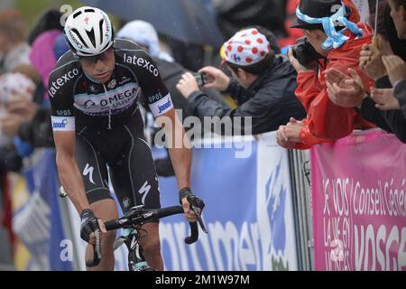 Italiano Alessandro Petacchi del team Omega Pharma - Quick Step in azione nella tappa 8 della 101st edizione del Tour de France, a 161 km da Tomblaine a Gerardmer, sabato 12 luglio 2014, in Francia. Foto Stock