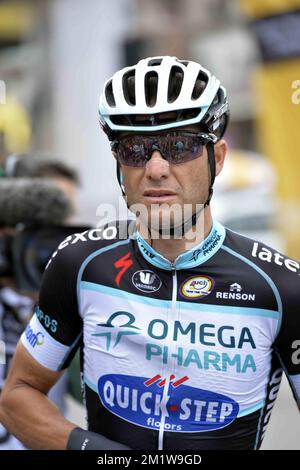 Italiano Alessandro Petacchi del team Omega Pharma - Quick Step nella foto al via della tappa 9 della 101st edizione del Tour de France, a 170 km da Gerardmer a Mulhouse, domenica 13 luglio 2014, in Francia. Foto Stock