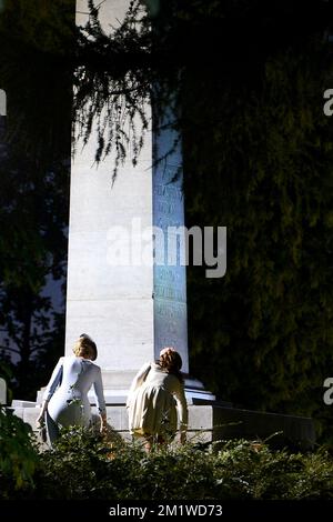 La regina Mathilde del Belgio e la britannica Caterina (Kate), Duchessa di Cambridge nella foto durante una cerimonia di commemorazione nel cimitero di Saint-Symphorien, parte del 100th ° anniversario della prima guerra mondiale, Lunedi 04 agosto 2014. Foto Stock