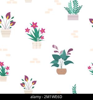 Motivo floreale senza cuciture con fiori in vaso. piante della casa in pentole. Illustrazione Vettoriale