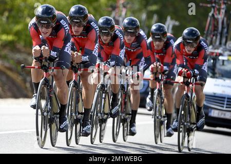 I piloti del BMC Racing Team sono stati raffigurati durante il cronometro maschile ai campionati mondiali di ciclismo UCI di Ponferrada, Spagna, domenica 21 settembre 2014. Foto Stock