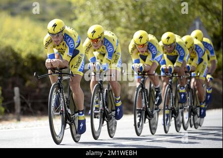 I piloti Tinkoff-Saxo hanno rappresentato durante il cronometro maschile ai Campionati mondiali di ciclismo UCI di Ponferrada, Spagna, domenica 21 settembre 2014. Foto Stock