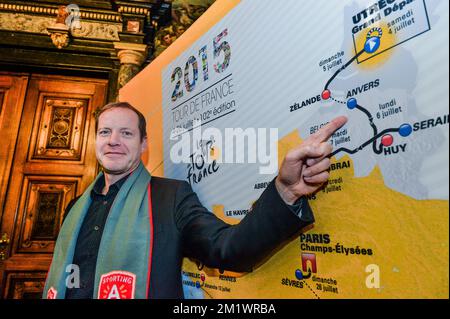 20141023 - ANTWERPEN, BELGIO: Christian Prudhomme, direttore ciclistico del Tour De France nella foto dopo una conferenza stampa sulla 2015 edizione della gara ciclistica del Tour de France, giovedì 23 ottobre 2014, ad Anversa. La terza tappa del Tour inizierà ad Anversa e terminerà a Huy il 6th luglio e la quarta tappa inizierà a Seraing e terminerà a Cambrai, in Francia, il 7th luglio. FOTO DI BELGA JONAS ROOSENS Foto Stock