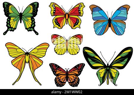 Set di sette farfalle multicolore Illustrazione Vettoriale