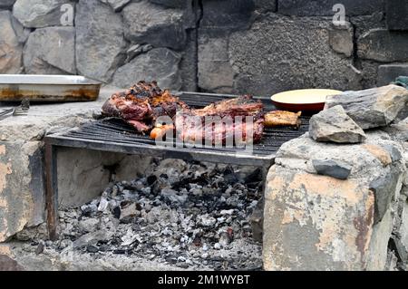 Varietà di cucina a base di carne su barbecue in muratura in area pic-nic pubblico con fuoco a legna Foto Stock