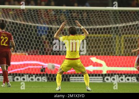 20141116 - BRUXELLES, BELGIO: Gareth Bale del Galles reagisce durante una partita di qualificazione Euro 2016 tra la nazionale belga di calcio Red Devils e il Galles, domenica 16 novembre 2014, nello stadio King Baudouin (Boudewijnstadion/Stade Roi Baudouin) a Bruxelles. FOTO DI BELGA BRUNO FAHY Foto Stock