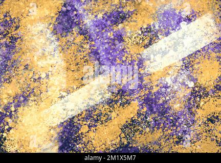 Sfondo astratto con splatter dipinto digitalmente in vivaci colori a contrasto di giallo e viola. Foto Stock