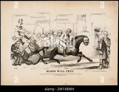 Il sangue lo dirà! , Generali, elezioni presidenziali, corse, politici, Zio Sam carattere simbolico, ricostruzione storia degli Stati Uniti, 1865-1877, Grant, Ulysses S. Ulysses Simpson, 1822-1885, Colfax, Schuyler, 1823-1885, Seymour, Horatio, 1810-1886, Locke, David Ross, 1833-1888, Pendleton, George H. George Hunt, 1825-1889, Johnson, Andrew, 1808-1875, Chase, Salmon P. Salmon Portland, 1808-1873, Hancock, Winfield Scott, 1824-1886, Blair, Frank P., Jr. Francis Preston, 1821-1875 Foto Stock