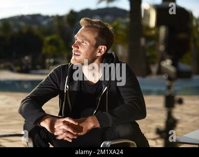 20141217 - DENIA, SPAGNA: Lussemburghese Jempy Drucker del BMC Racing Team nella foto durante il conferenese stampa del campo di allenamento invernale del team ciclistico BMC Racing Team a Denia, Spagna, mercoledì 17 dicembre 2014. BELGA FOTO MANUEL QUEMADELOS Foto Stock