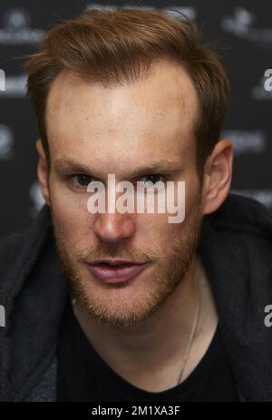 20141217 - DENIA, SPAGNA: Lussemburghese Jempy Drucker del BMC Racing Team nella foto durante il conferenese stampa del campo di allenamento invernale del team ciclistico BMC Racing Team a Denia, Spagna, mercoledì 17 dicembre 2014. BELGA FOTO MANUEL QUEMADELOS Foto Stock