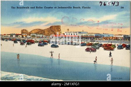 Il lungomare e le montagne russe a Jacksonville Beach, Florida, passerelle, spiagge, giostre, Tichnor Brothers Collection, cartoline degli Stati Uniti Foto Stock
