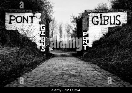 L'immagine mostra la sezione 17 di cobble (Wallers) durante una ricognizione della pista della prossima domenica 'Parigi-Roubaix' gara ciclistica di un giorno, mercoledì 08 aprile 2015 a Roubaix, Francia. Foto Stock