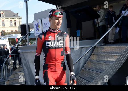 Il tedesco Marcus Burghardt del BMC Racing Team nella foto al via della gara ciclistica di un giorno 'Paris-Roubaix', a 253,5 km da Compiegne al Velodromo di Roubaix, domenica 12 aprile 2015. Foto Stock