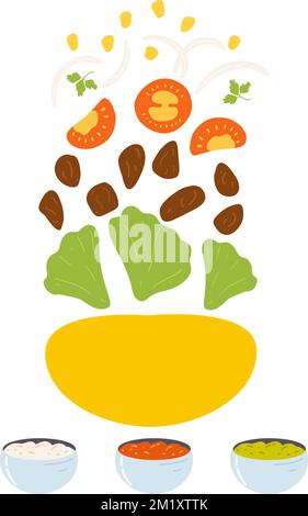 Ingredienti per il taco in stile cartoon flat. Illustrazione vettoriale di cibo messicano tradizionale, cucina latino-americana con verdure fresche, carne e co Illustrazione Vettoriale