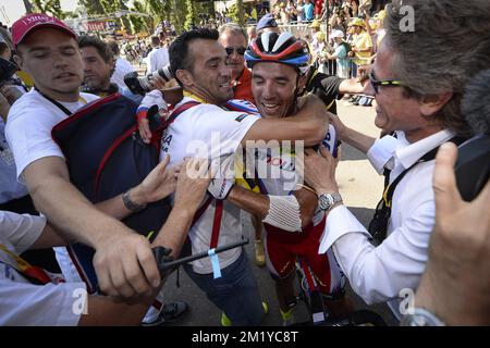 Lo spagnolo Joaquim Rodriguez del Team Katusha festeggia dopo la tappa 3 della 102nd edizione della gara ciclistica Tour de France, a 159,5 km da Anversa a Huy, lunedì 06 luglio 2015. Foto Stock