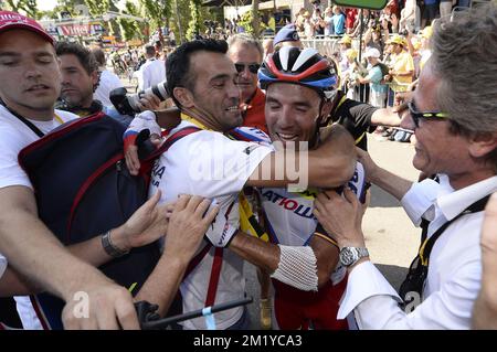 Lo spagnolo Joaquim Rodriguez del Team Katusha festeggia dopo la tappa 3 della 102nd edizione della gara ciclistica Tour de France, a 159,5 km da Anversa a Huy, lunedì 06 luglio 2015. Foto Stock