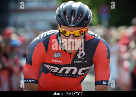 Il lussemburghese Jempy Drucker del BMC Racing Team ha mostrato all'inizio della 7th e ultima tappa della gara ciclistica Eneco Tour, a 188,6 km da Sint-Pieters-Leeuw a Geraardsbergen, domenica 16 agosto 2015. Foto Stock